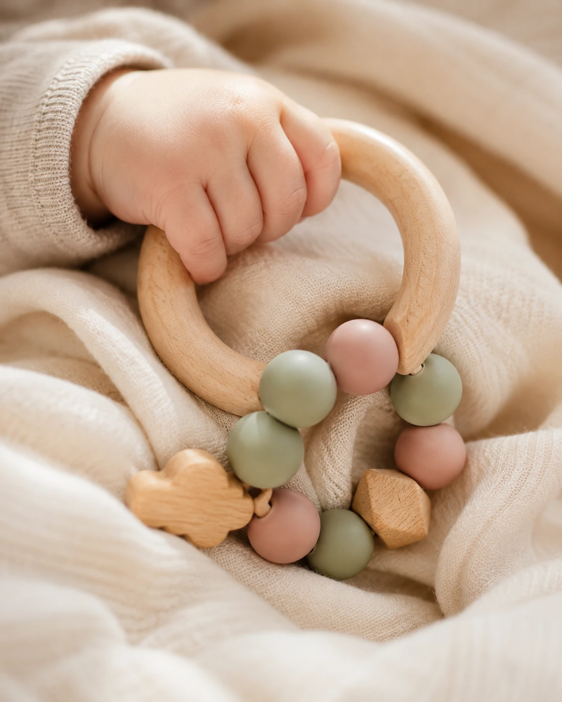 Babyhand greift einen Holz-Greifring mit Silikonperlen und Wolken-Anh&auml;nger &ndash; Murmelkiste Babyspielzeug
