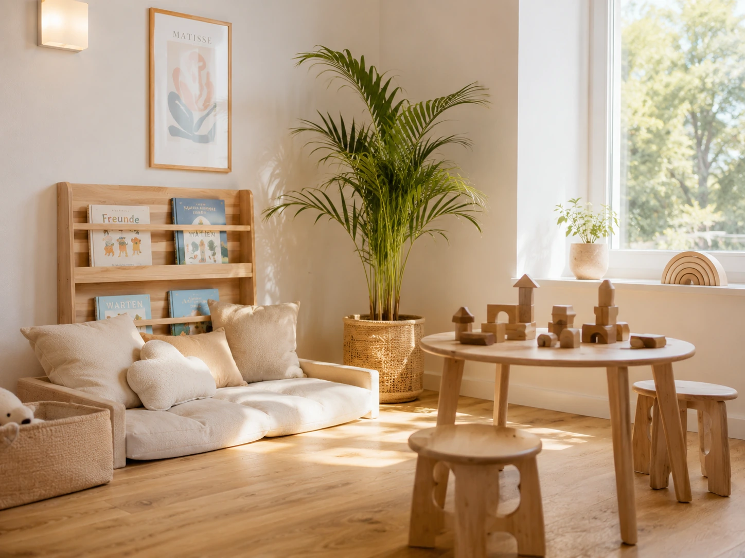 Helle Kita-Spielecke mit Naturholz-M&ouml;beln, Baukl&ouml;tzen und B&uuml;cherregal &ndash; Murmelkiste Kindergarten-Sortiment