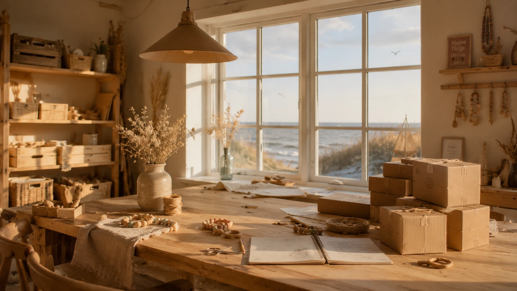 Murmelkiste Werkstatt mit Blick auf die Ostsee &ndash; Bastelmaterial, Pakete und Notizbuch im warmen Tageslicht