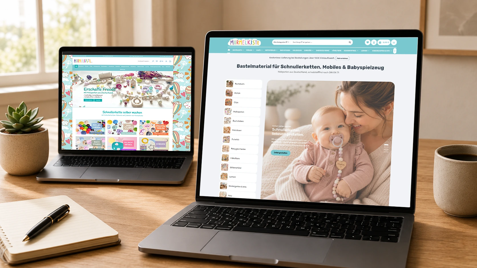Vergleich des alten und neuen Murmelkiste-Shop-Designs auf zwei Laptops &ndash; vorher und nachher