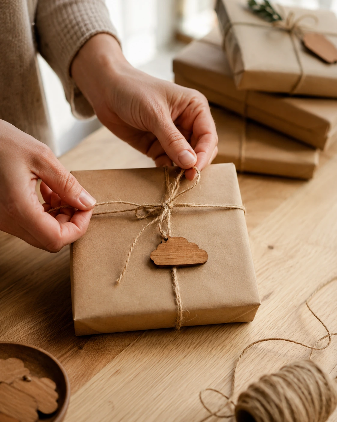 H&auml;nde binden Jutekordel um ein braunes Kraftpapier-Paket mit Murmelkiste Holz-Wolken-Anh&auml;nger